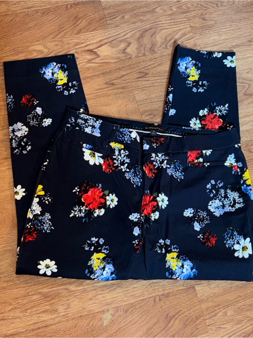 Banana Republic Navy Floral Straight Leg Denim Dress Pants - Multicolor Flowers
